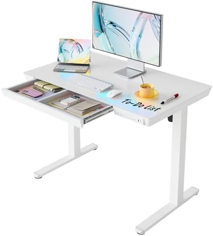 HUANUO Glass Standing Desk with Drawers, 40 X 24 Inch Electric Adjustable Height Desk, Quick Install One-Piece Tabletop with USB Charging Ports, White by HUANUO
