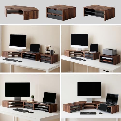 Fenge Dual Monitor Stand, Corner Desk Shelf with Drawer & Slide-Out Tray - Image 4