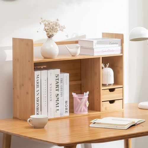 Bamboo Desktop Bookshelf 2-Tier Short Bookshelf with 2 Drawers Desk Shelf for Top of Desk Organizer Shelves Table Top Shelf Desktop Shelves for Offices & Studies (Long Style-26.77" L) by Unknown