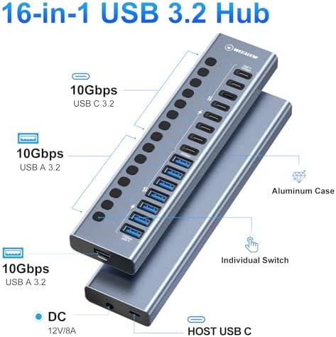 Powered USB 3.2 Hub, 16 Port USB Hub with 10Gbps Data Speed, 8 USB-A & 8 USB-C Ports, 96W Power Adapter for PC, Laptop, Printer, Camera - Image 2