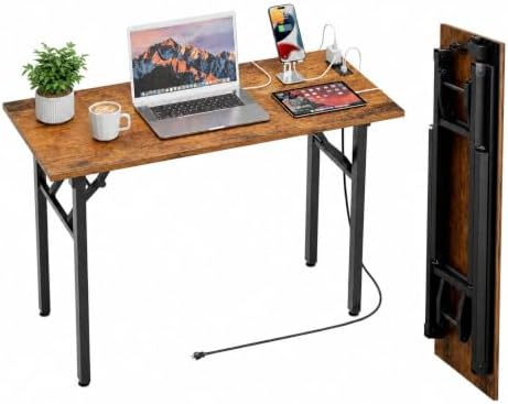 Folding Table Computer Desk - 43.3" No Assembly Folding Desk with Power Outlets & USB Charging Port, Small Desk, Foldable Office Desk, Compact Storage Portable Use for Small Space, Rustic Brown by HMFOR