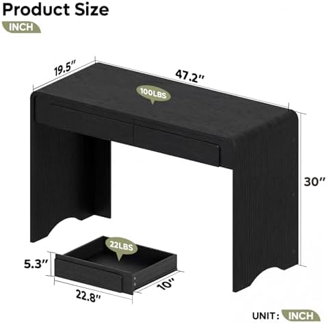 Bestier 47" Computer Desk with 2 Drawers, Modern Wood Writing Desks, Black - Image 2