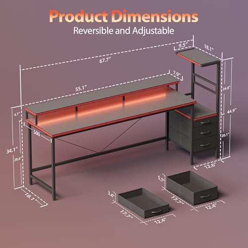 Mericonia 68 inch Gaming Desk with Drawers, Reversible Computer Desk, Black - Image 2