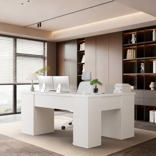 66" L Shaped Desk with 6 Lockable Drawers, White Corner Executive Desk - Image 2