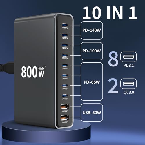 800W GaN3 10-Port USB-C Charging Station - Fast Charger for Laptops, Tablets, Smartphones, and More (Black) - Image 2