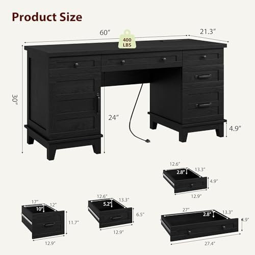 60" Farmhouse Executive Desk with File Drawers, Rustic Black - Image 2