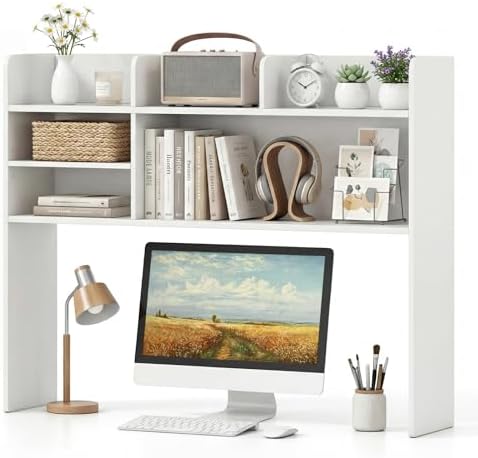LDAILY 3-Tier Desktop Bookshelf, White Desk Hutch for Computer Monitor Up to 32 Inch, Wooden Desk Organizer Shelf with Adjustable Shelf & 6 Storage Shelves, Desk Display Rack for Home Office Dorm by LDAILY