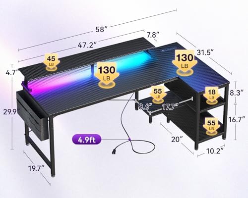 ODK 58 Inch L Shaped Gaming Desk with LED Lights, Power Outlets, Black - Image 3