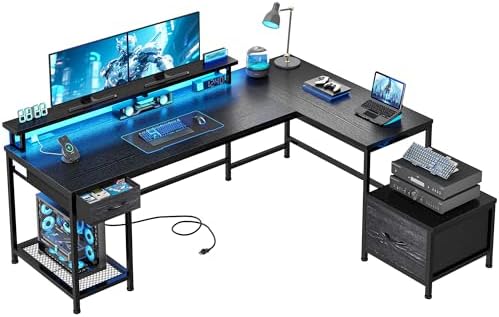 DurayLoly 63" Reversible L Shaped Desk with Power Outlets &Led,Bedroom by Durayloly