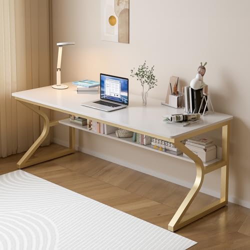 OSCHF 63-Inch Extra Long Desk with Storage Shelf, Gold by OSCHF