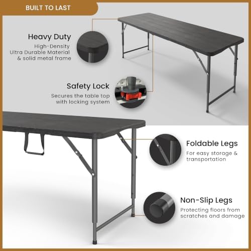 5.5 Feet ADJUSTABLE Foldable Table with Built in Handle & Steel Legs | 5.5FT Heavy Duty Folding Portable | Perfect for Party, Dining, Wedding, Events, Picnic Indoor, Outdoor, Camping, Utility, Folding - Image 4