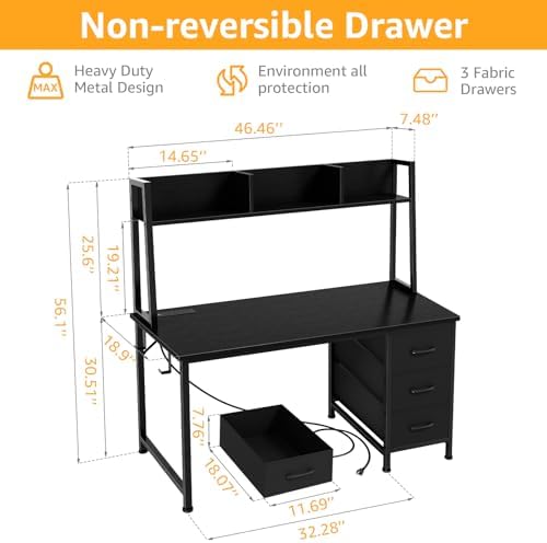 DLisiting Black Computer Desk with Hutch & Drawers - Office Desk with 3 Storage Drawers and Power Outlets, 47 Inch Modern Study Writing Desk for Bedroom Home Office - Image 3