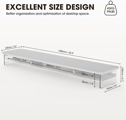 Fenge 42.5" Dual Monitor Stand with Clear Acrylic Legs, White - Image 4