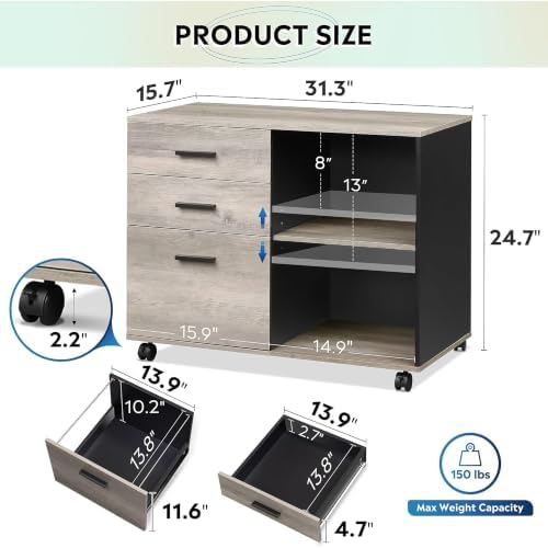 DEVAISE 3-Drawer Mobile File Cabinet, Lateral Filing Cabinet, Greige - Image 2