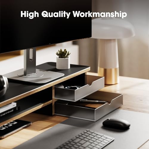 Fenge Monitor Stand, Desk Computer Riser with Frosted Storage Drawer, Black - Image 4