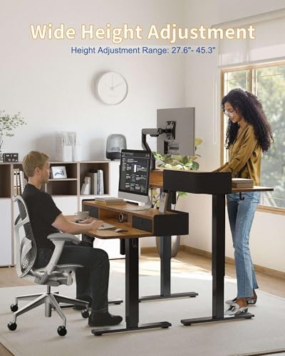YIHAYO Electric Standing Desk with Drawers, 48 x 24 Inches Adjustable Desk with Storage Shelf, Stand Up Desk with Splice Board, Computer Table for Home Office, Black Frame/Rustic Brown Top - Image 2
