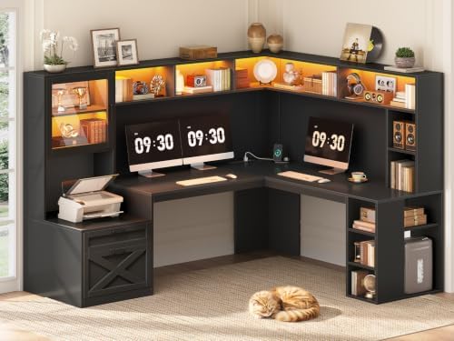 SEDETA 68" Farmhouse L Shaped Computer Desk with Hutch, Storage Drawers by SEDETA