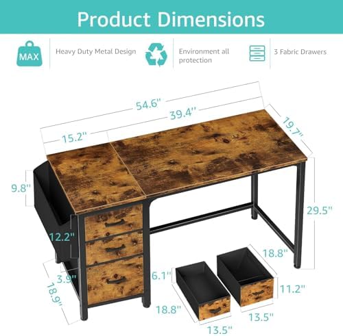 Lufeiya Computer Desk with Fabric File Drawers Cabinet, 55 Inch Reversible Home Office Desks with Filing Cabinet for Small Space, Study Writing Table PC Desks with Storage for Bedroom, Rustic Brown - Image 3