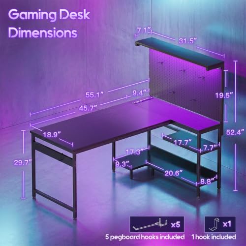 AODK 55" L Shaped Gaming Desk with Pegboard Hutch, LED Lights, Black - Image 2