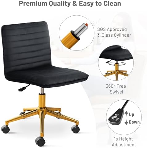 Furniliving Home Office Desk Chair, Armless Desk Chair with Wheels Soft Velvet Adjustable Height, Comfy Computer Rolling Chairs with Gold Metal Base Stool,Black - Image 5
