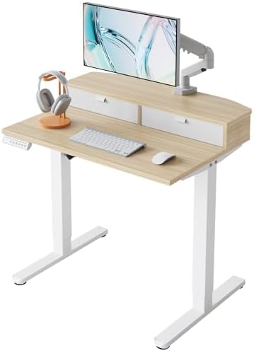 HUANUO 32" X 21" Electric Standing Desk with 2 Drawers, C-Clamp Mount Compatible, Height Adjustable Computer Desk, Home Office Stand Up Desk with 4 Preset Heights & 2 Hooks, Light Walnut by HUANUO