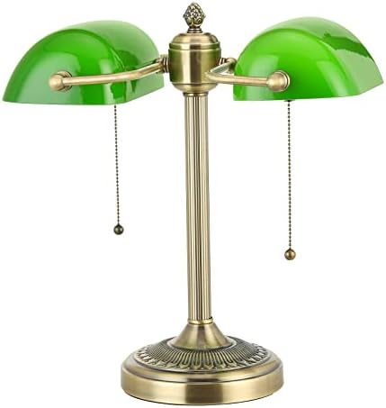 Green Double Head Glass Bankers Desk Lamp,Plug in by Newrays