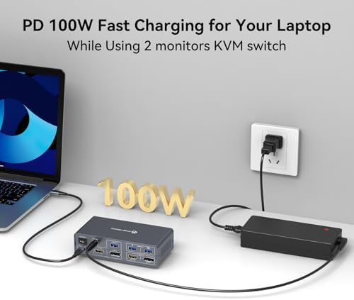 KVM Switch 2 Monitors 2 Computers Docking Station USB C + HDMI/DP Input with 100W PD, 4K60Hz/4K120Hz Displayport HDMI Dual Monitor for Laptop and Desktop Share 13-in-1 Dock Aluminum Case Plug and Play - Image 7
