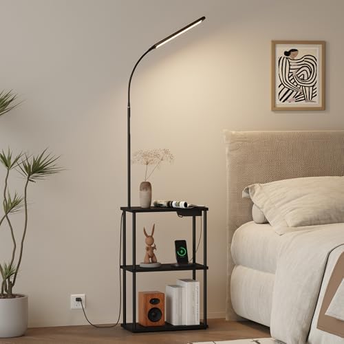 Qupui LED Floor Lamp with Table, 15W Dimmable, USB Charging, Black - Image 4