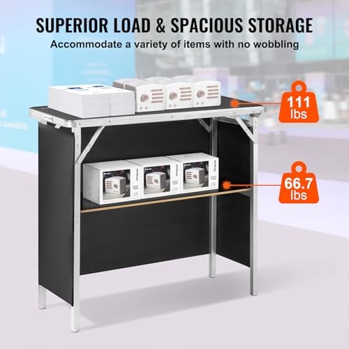 VEVOR Folding Portable Bar Table, Tradeshow Podium Table for Indoor, Outdoor, Party, Picnic, Exhibition, Includes Carrying Case, Storage Shelf and Black Skirt, 38.39" x 15.16" x 34.25" - Image 5