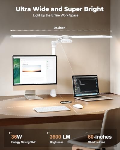 36W LED Desk Lamp with Clamp, Dual-Head Architect Lamp with Remote, White - Image 2