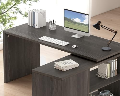 HSH L Shaped Computer Desk, Rustic Wood Corner Desk, Dark Gray Oak, 55 inch - Image 4