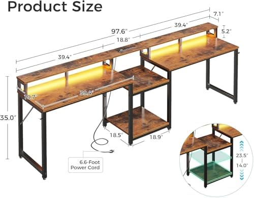Casaottima 98'' 2 Person Gaming Desk with LED Lights, Vintage - Image 2