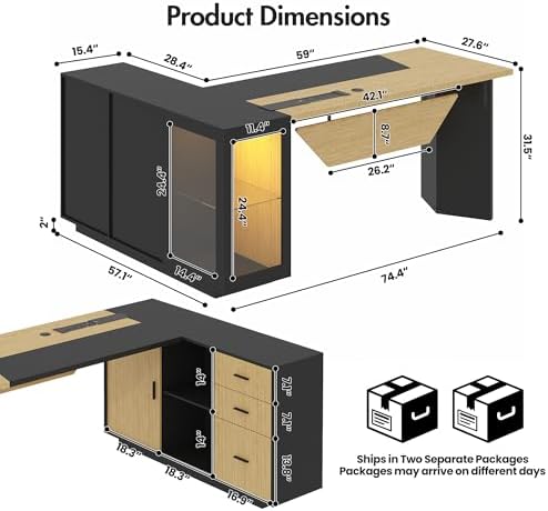 74.4" L-Shaped Executive Desk, Large Office Desk, Black + Light Wood - Image 2