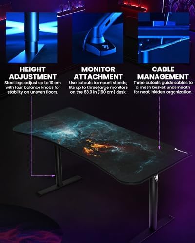 Arozzi Arena Special Edition Ultrawide Curved Gaming and Office Desk with Full Surface Water Resistant Desk Mat Custom Monitor Mount Cable Management Cut Outs - Omega - Image 5