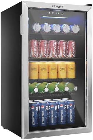 EUHOMY 26 Bottle 131 Can Beverage Refrigerator, Mini Fridge with Glass Door, Quiet Compressor and Adjust Temperature, Freestanding 3.2 Cu.ft Beverage Cooler, Silver by EUHOMY