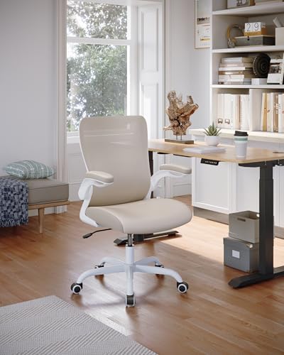 MUXX.STIL Office Chair, PU Leather Ergonomic Desk Chair with Adjustable Lumbar Support and Flip up Armrest, Breathable Mesh Computer Chair for Home Office, Khaki - Image 6