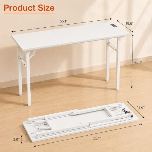 Folding Table Computer Desk - 55.1" No Assembly Folding Desk with Power Outlets & USB Charging Port, Small Desk, Foldable Office Desk, Compact Storage Portable Use for Small Space, White Ash - Image 3