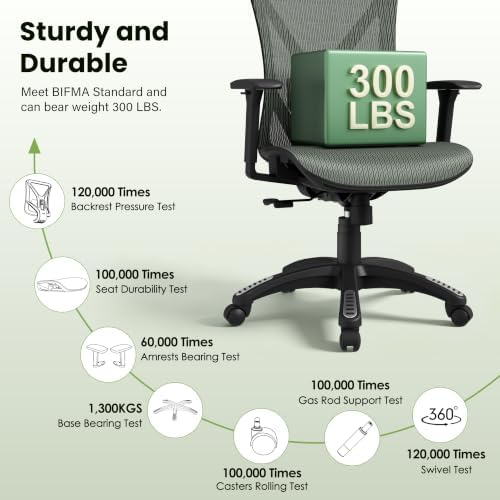 Ergonomic Office Chair, Mesh Computer Desk Chairs with BIFMA X5.1 Certified, Adjustable Lumbar Support, 3D Arm, Tilt Back, Wide Seat, Comfy Swivel Work Task Chair for Company and Home (Forest Green) - Image 6