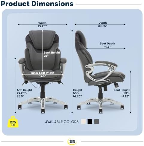 Serta Bryce Executive Office Chair - Ergonomic Computer Desk Chair with Patented AIR Lumbar Technology - Adjustable Height - Memory Foam Body Pillows - 360° Swivel Rolling Base - Bonded Leather - Gray - Image 2