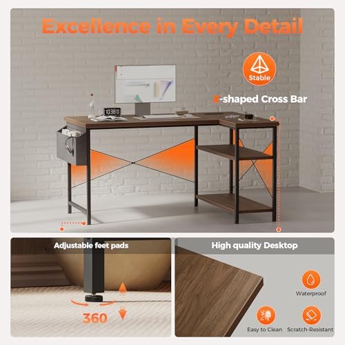 Mericonia 55 inch L Shaped Gaming Desk, Large Corner Desk with Shelves - Image 5
