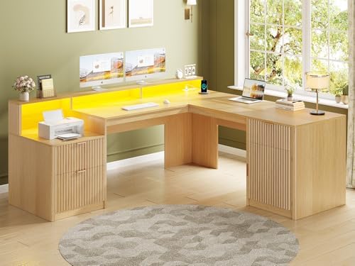 SEDETA 66" Modern L Shaped Desk with Drawers, Fluted Home Office Desk with File Cabinet and Printer Shelf, Wood Executive Desk with Monitor Stand, Power Outlets, Led Lights, Oak by SEDETA