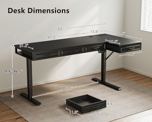 OffiGo 63 Inch L Shaped Standing Desk with 4 Wooden Drawers, Black - Image 3