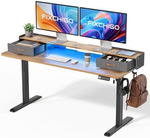 Electric Standing Desk with Drawers, 63 Inch Height Adjustable Desk with Power Outlets & LED Lights, Sit Stand Table with Monitor Stand for Home, Office, Brown by Unknown