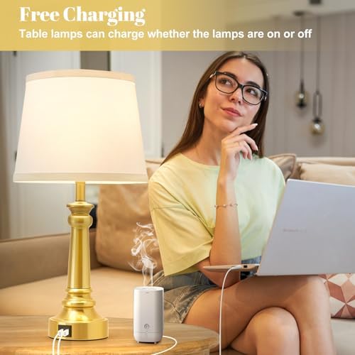 EJIAXIN Touch Lamps for Nightstand Set of 2 - Gold Table Lamp for Bedroom Dimmable Bedside Lamps with USB C+A Ports - Lamps for Night Stands Living Room End Table,2 LED Bulbs Included - Image 3
