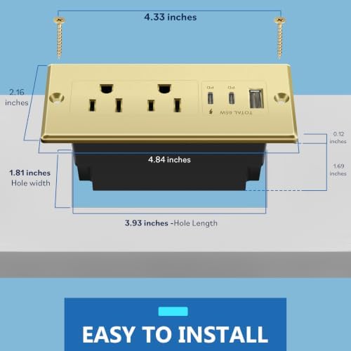 LIDER Rectangle Desktop Power Grommet with USB-C PD60W & USB-A, USB Combined Output 65W, 12A AC Outlets, Auto-Slide Cover, 6.5ft Cord, Desk Charging Station, ETL Listed, Thermoplastic, Matte Gold - Image 7