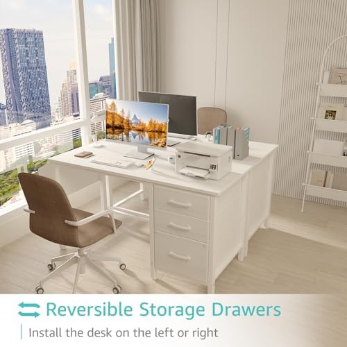 Lufeiya White Desk with File Drawers Cabinet, 47 Inch Reversible Computer Desk with Fabric Filing Cabinet for Bedroom Small Space Home Office, Modern Writing Table PC Desks, White - Image 4