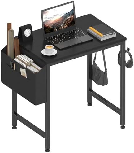 Lufeiya Small Desk for Small Spaces, 24 Inch Kids Girls Study Writing Mini Desks for Bedroom, Simple Modern Laptop PC Little Side Table with Storage Bag Headphone Hooks, Black by LUFEIYA