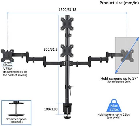 Suptek Quad LED LCD Monitor Stand up Desk Mount Extra Tall 31.5 inch Pole Heavy Duty Fully Adjustable Stand for 4 (3+1) / Four Screens up to 27 inch (MD6864) - Image 2