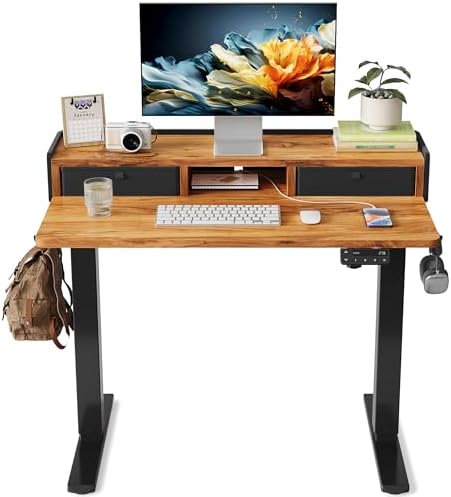 YIHAYO Electric Standing Desk with Drawers, 40 x 24 Inches Adjustable Desk with Storage Shelf, Stand Up Desk with Splice Board, Computer Table for Home Office, Black Frame/Rustic Brown Top by YIHAYO