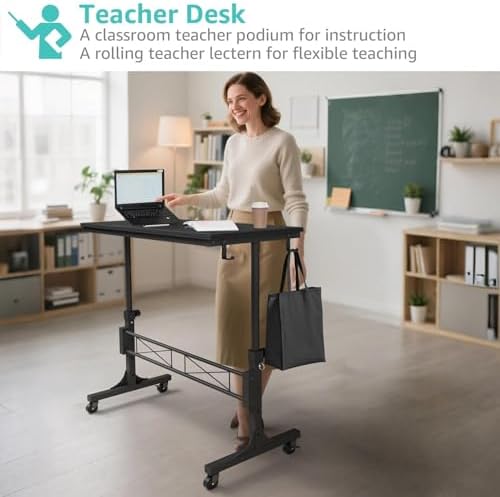 WINAZ Small Portable Rolling Standing Desk - 32 Inch Adjustable Height Mobile Teacher Podium on Wheels for Classroom, Stand Up Desks for Treadmill Walking Pad, Couch Sofa Side Laptop Table, Black - Image 4